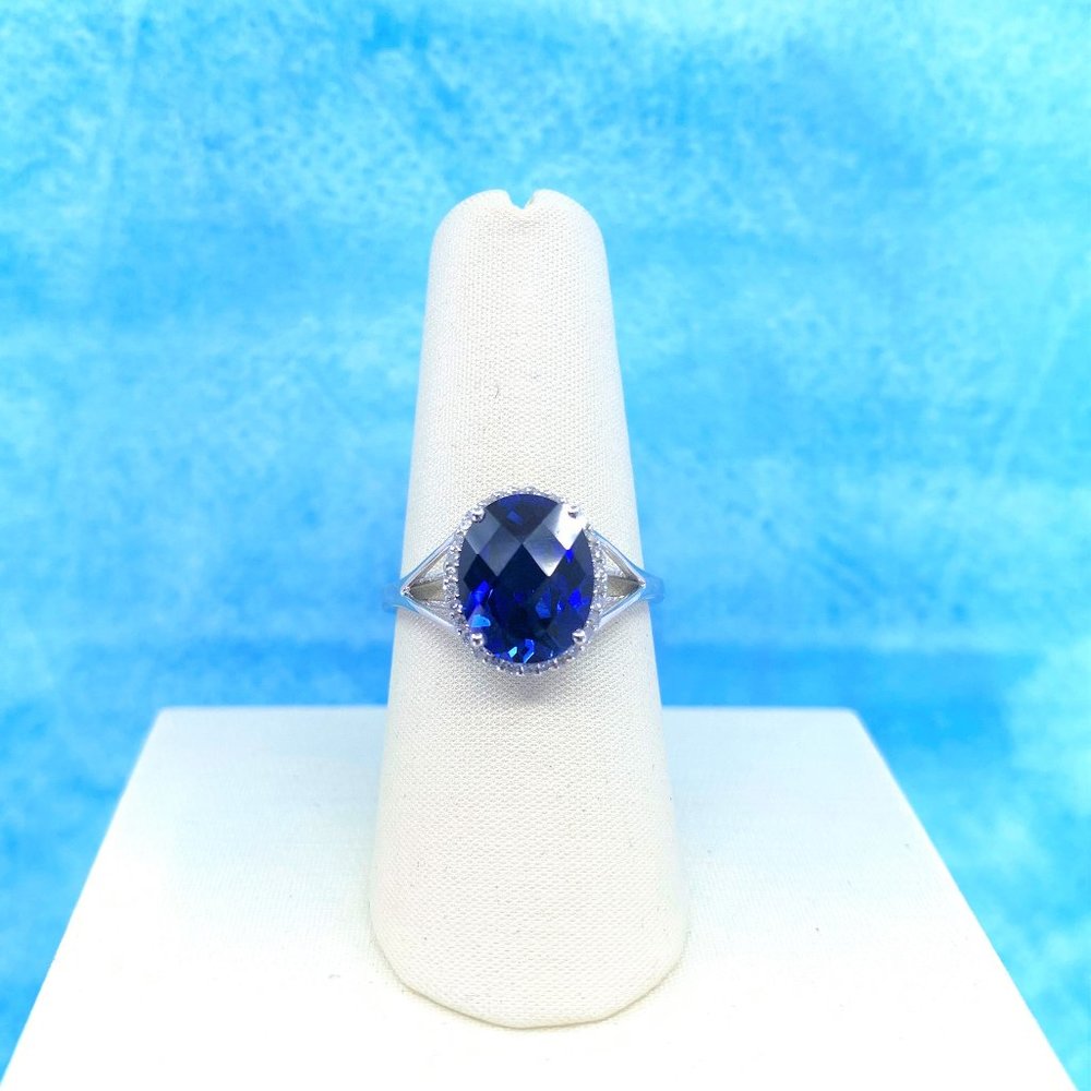 14K Gold Created Blue Sapphire & Diamond Ring